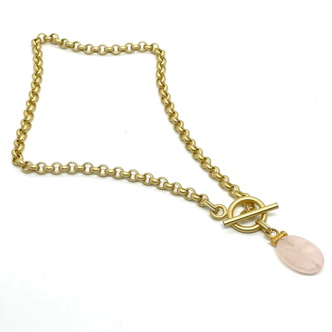 Rose Quartz Bar Pendant Matte Gold Chain Necklace