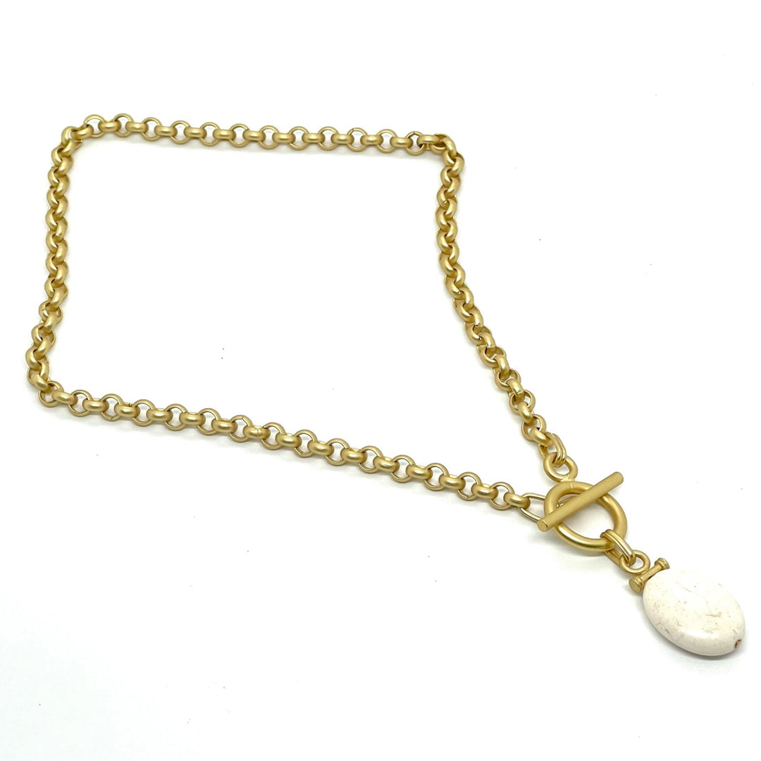 White Magnesite Bar Pendant Matte Gold Chain Necklace