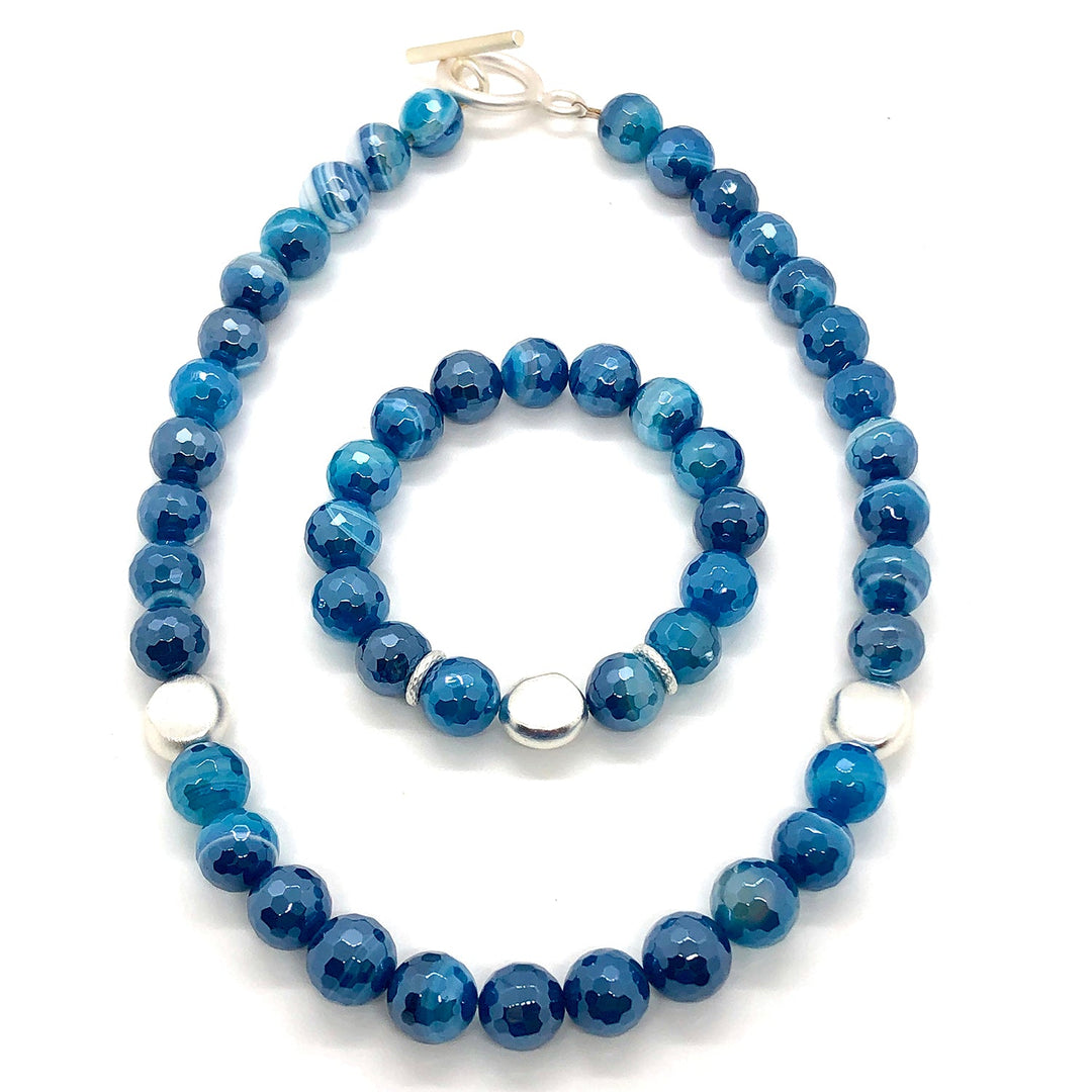 Blue Glazed Agate Matte Silver Flat Bead Necklace And Matte Silver Flat Bead Stretch Bracelet