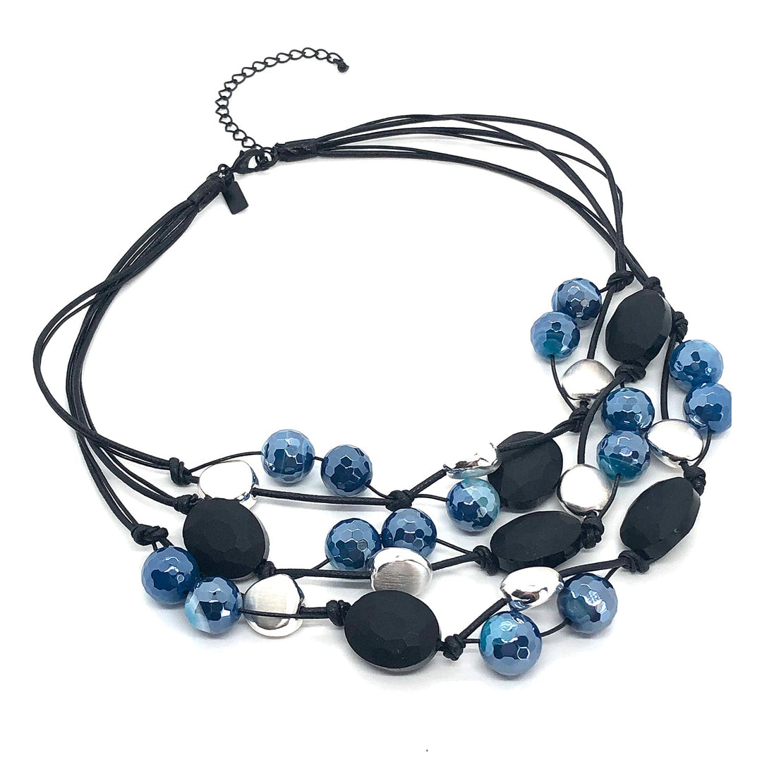 Blue Glazed Agate And Matte Black Crystal Necklace