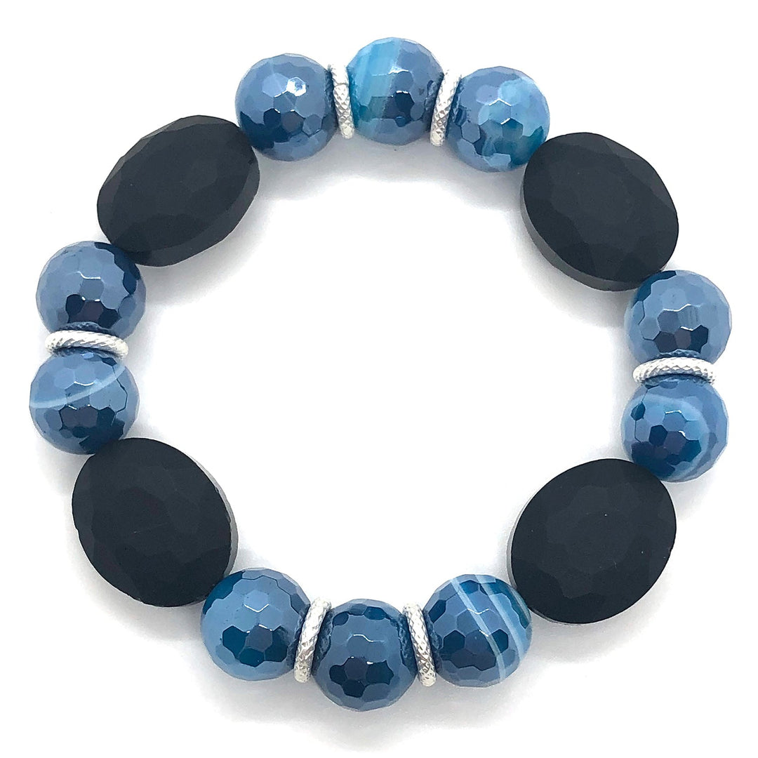 Blue Glazed Agate And Matte Black Crystal Stretch Bracelet