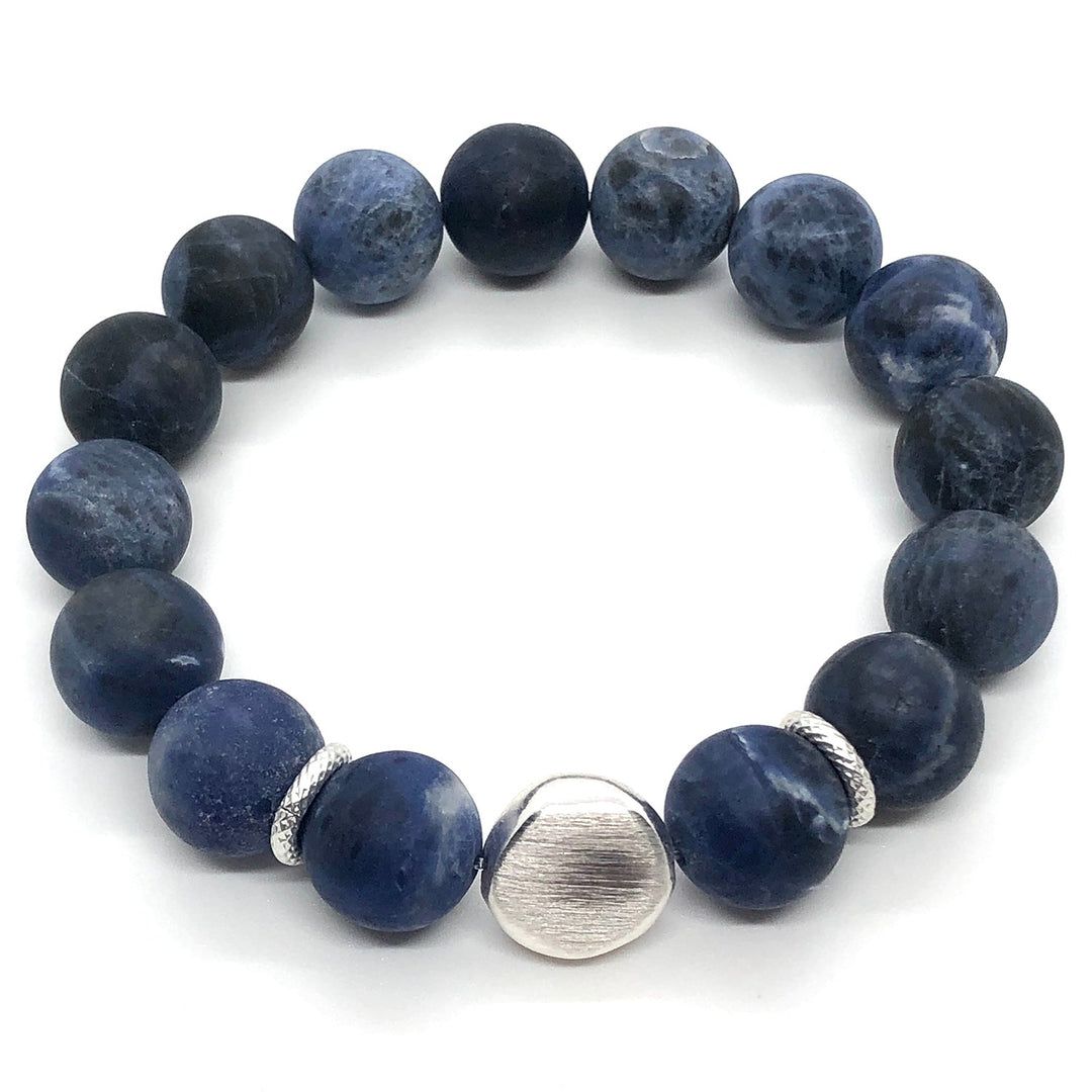 Blue Sodalite With Matte Silver Bead Stretch Bracelet