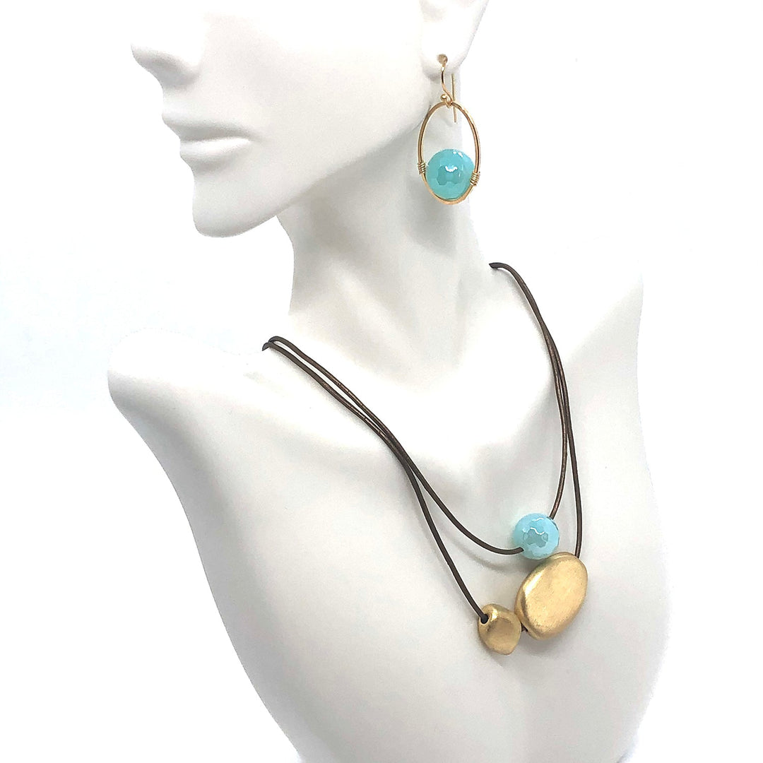 Aqua Glazed Agate With Matte Gold Beads Graduated Bronze Leather Necklace