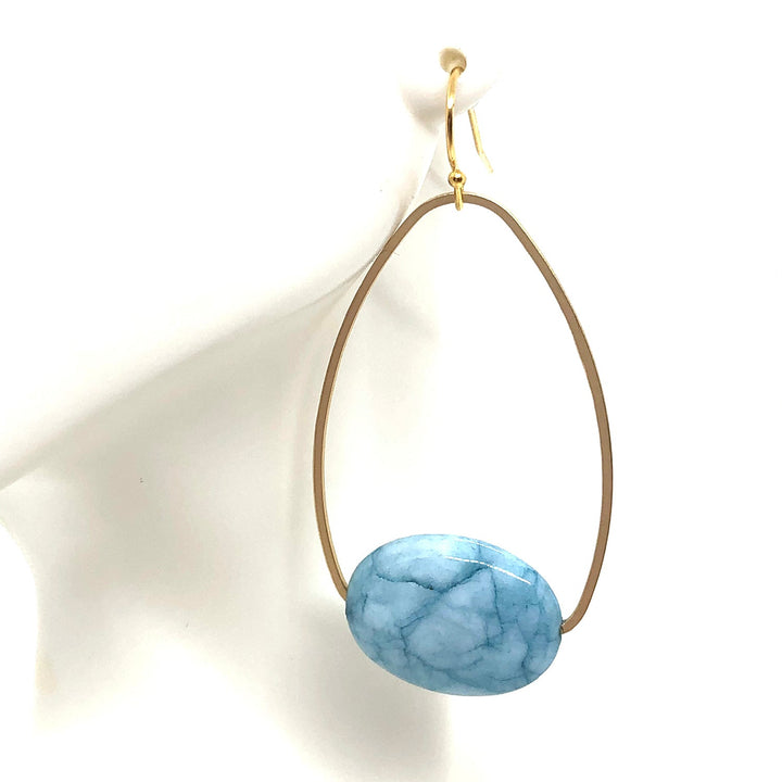 Blue Larimar Oval With Matte Gold Bead Graduated Putty Leather Necklace