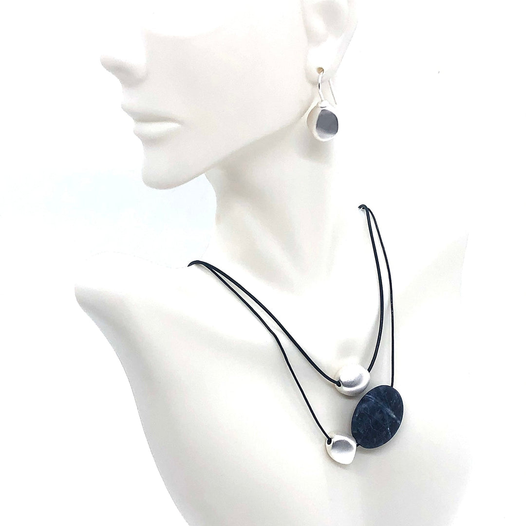 Blue Sodalite With Matte Silver Bead Graduated Navy Leather Necklace
