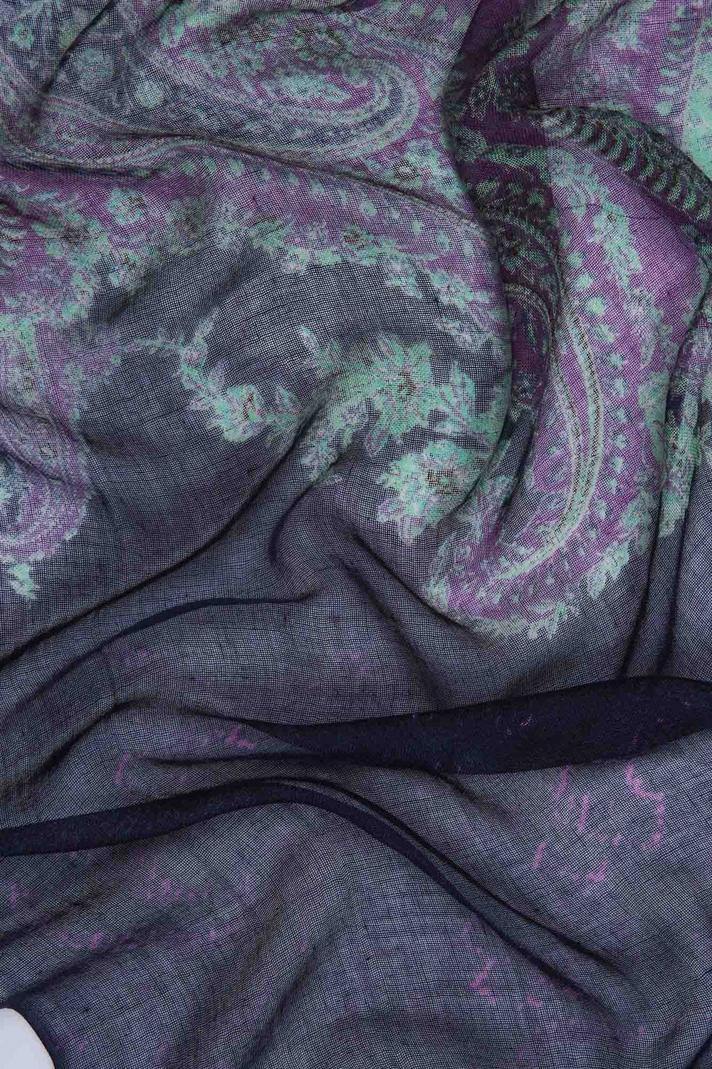 Navy and Aquamarine Paisley Printed Silk Cashmere Scarf