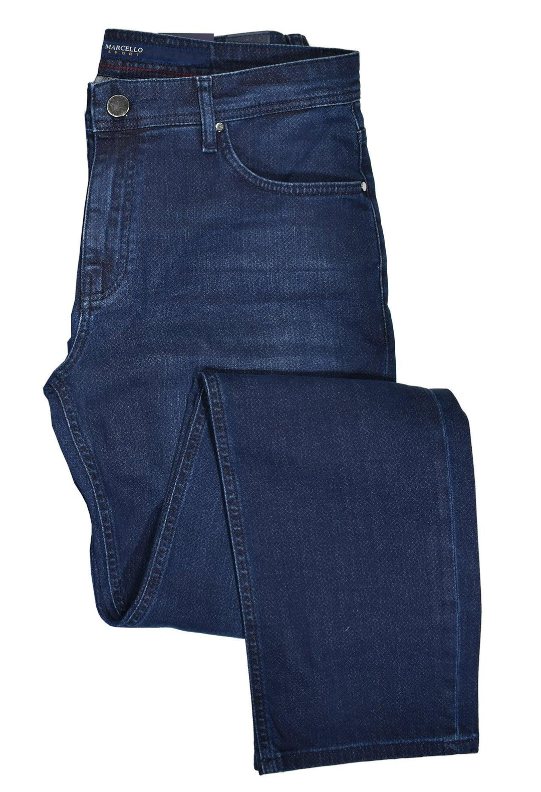 Marcello Comfort Mens Navy Jeans  Lightweight and soft denim with a little stretch. Slight texture to jean, minimal grain or wash effect. Classic fit with a slightly tapered leg for an updated look. Medium rise. Enhanced stitching and fashion lining. All 33 length.