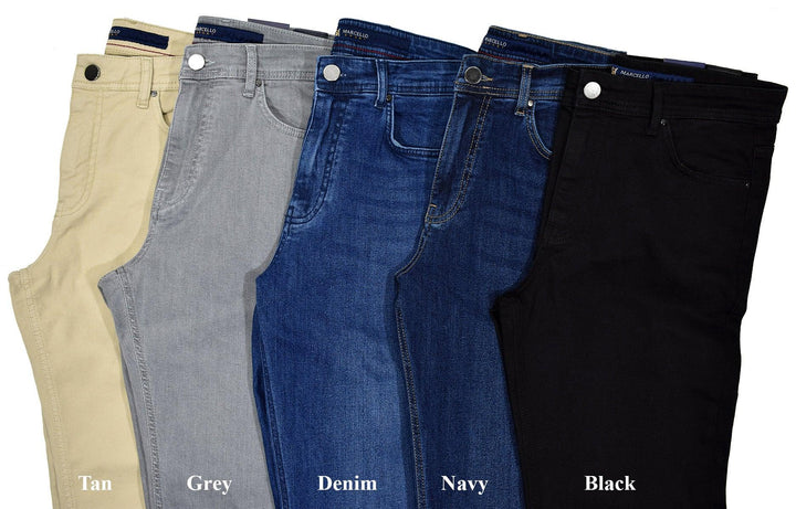 Marcello’s best fitting lightweight washed denim. Feels and looks great! Our comfort fit from the waist band down to the thighs, then tapering the leg to the bottom provides the best of both worlds.  Comfort where you need it and updated fashion sporting a slimmed leg.  Add the benefit of stretch to work with your natural movements and you have found an excellent jean that will become your go to jean of choice.  Marcello Sport Mens Grey Denim Jeans