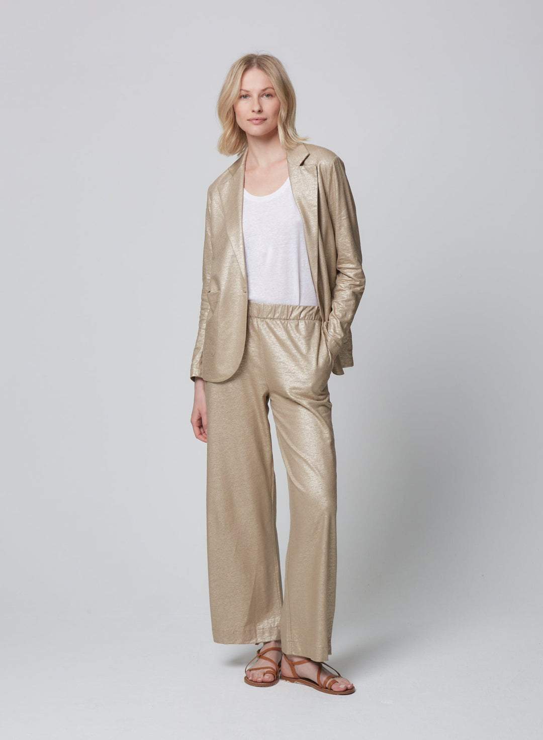 Stretch Linen Metallic One Button Blazer