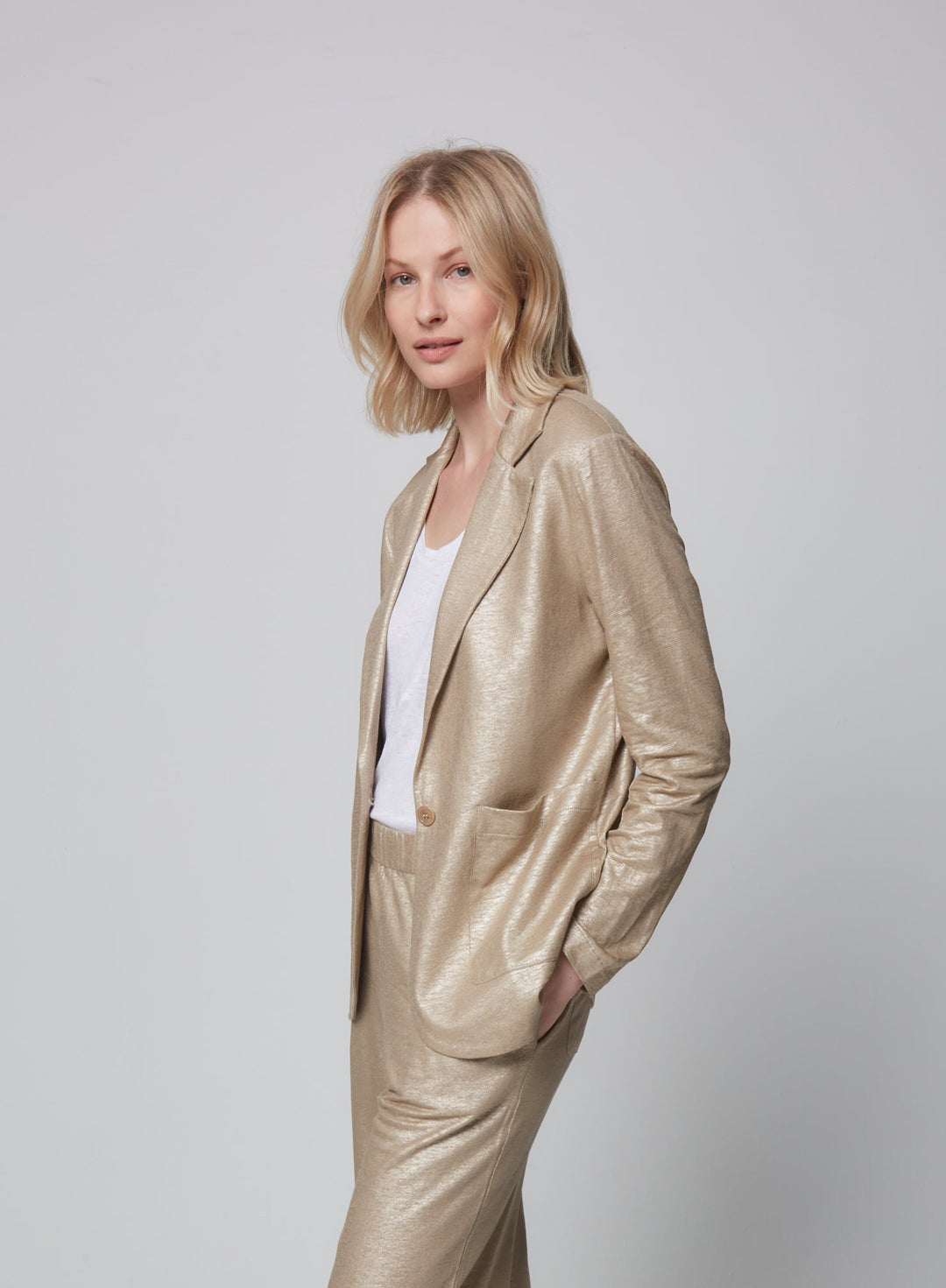 Stretch Linen Metallic One Button Blazer