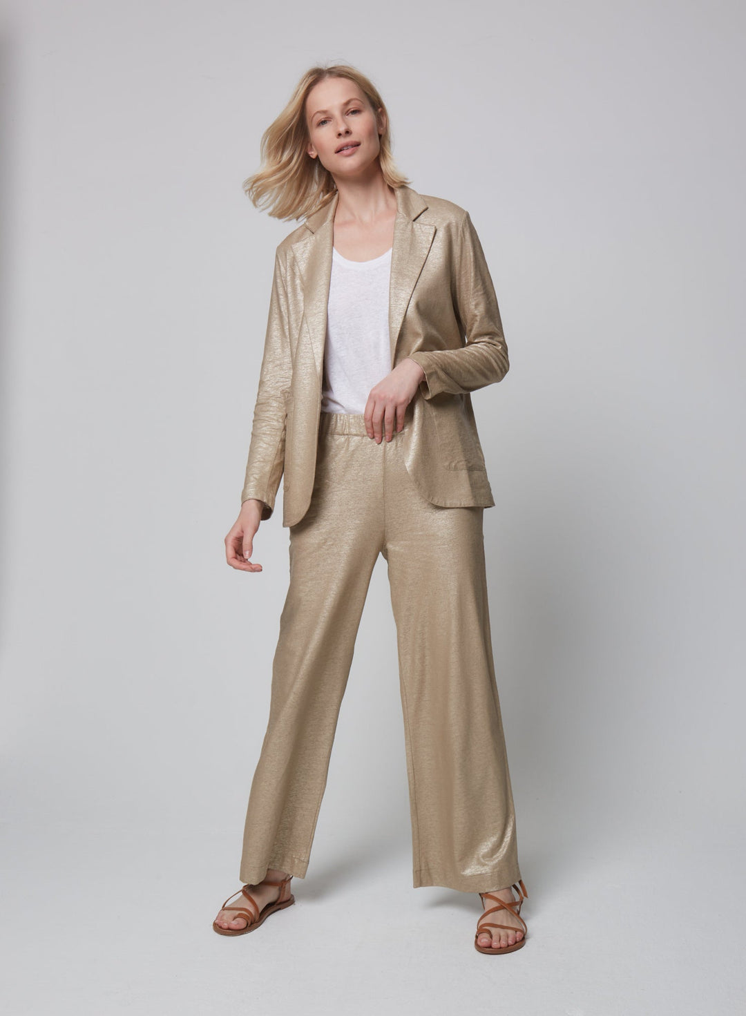 Stretch Linen Metallic One Button Blazer