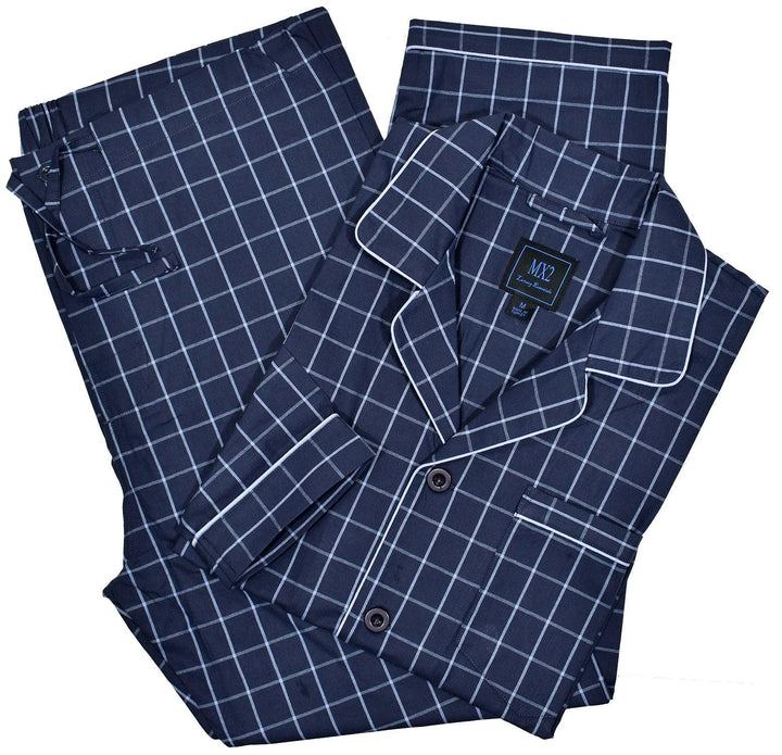 Soft cotton woven fabric. Traditional fashion pattern. Navy with soft grey window pane. Classic coat top with pocket, button closure and edge piping. Classic draw string pant with a touch of elastic for comfort. Classic fit.  By Marcello Sport