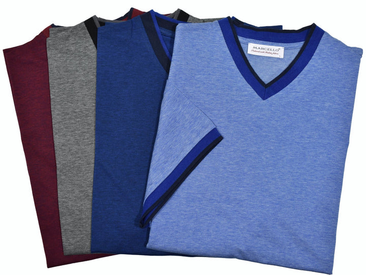 Cotton rich, royal oxford fabric always feels good and looks perfect.  The v neck model is contemporary in nature with a high v silhouette and two color contrast fabric.  Contrast edge fabric adds a sporty image to a classic v neck model.  Classic fit.   Colors: Wine, Charcoal Indigo, Sky