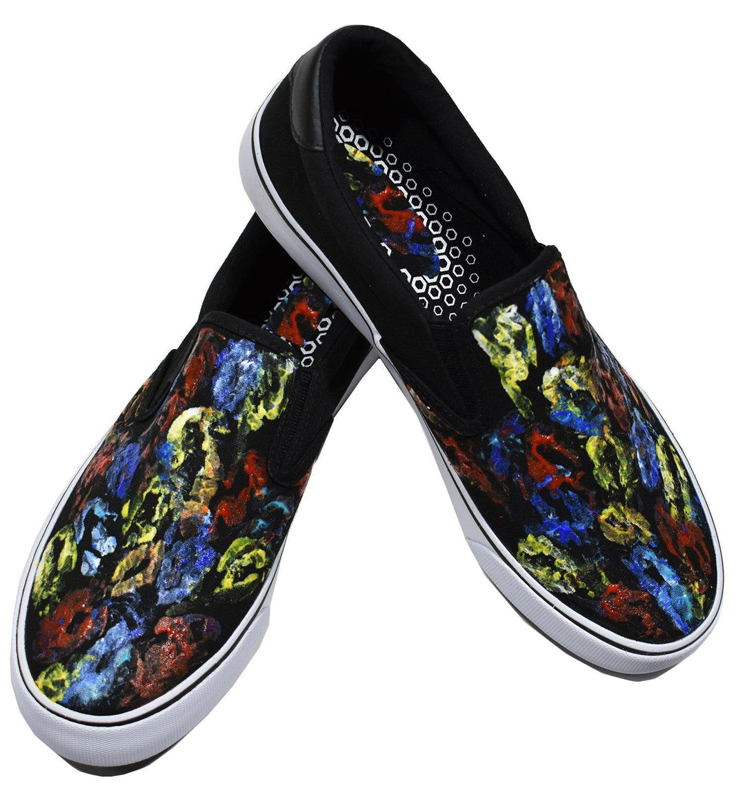 Accentuate your image with cool hand painted canvas slip on shoes.  The distinguished look will certainly get compliments.  The unique painted canvas is hand painted one by one with no two exact. Exclusively at Marcello Sport.