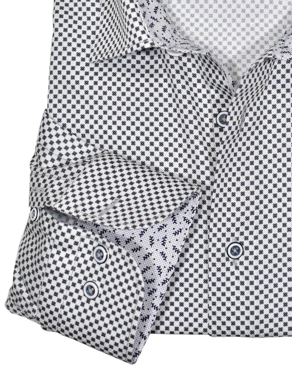 A crisp white shirt is a staple of any wardrobe.  Add a wht/blk medallion pattern and contrast stitching for a unique fashion statement.  Exclusive soft cotton fabric. Sophisticated tonal paisley pattern. Contrast fashion stitch work. Custom selected buttons. 2 button signature cuffs. Slim fit. Approximately 5'8" 150lbs is the perfect MD.
