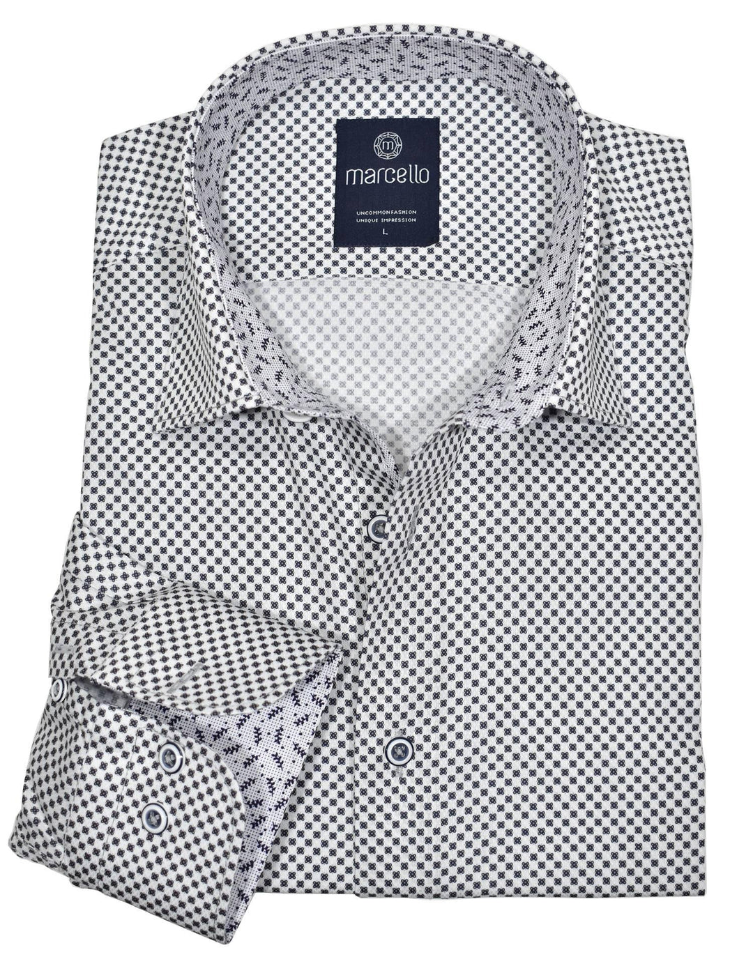 A crisp white shirt is a staple of any wardrobe.  Add a wht/blk medallion pattern and contrast stitching for a unique fashion statement.  Exclusive soft cotton fabric. Sophisticated tonal paisley pattern. Contrast fashion stitch work. Custom selected buttons. 2 button signature cuffs. Slim fit. Approximately 5'8" 150lbs is the perfect MD.  Shirt by Marcello Sport.