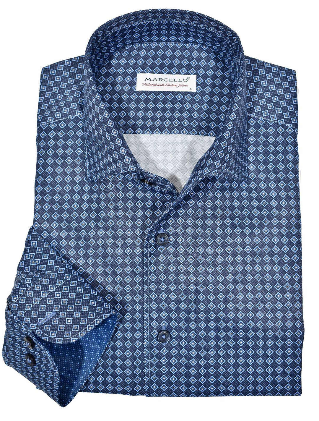 Marcello exclusive 1 piece roll collar shirt is the ultimate in style and sophistication.  The one piece collar stands perfectly and looks great alone or under a sport coat.  You will surely want every one piece roll collar shirt we offer.  Rich cotton / microfiber fabric. Fashion diamond medallion pattern in rich blue colors. Adjustable 2 button cuffs. Unique extra sleeve button to roll cuffs without flaring. Classic shaped fit.