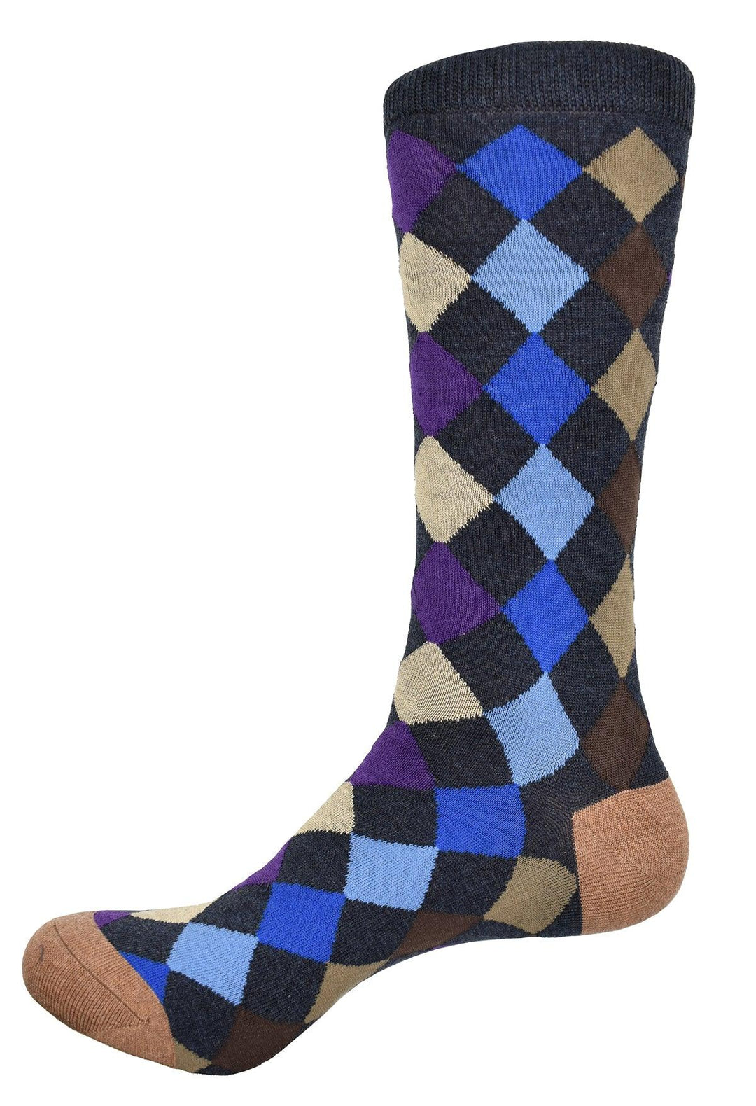 Warm colors in a diamond pattern to work with bottoms in the blue or tan family. Soft mercerized cotton. Mid calf height. Fits size 9-13 Sock by Marcello Sport