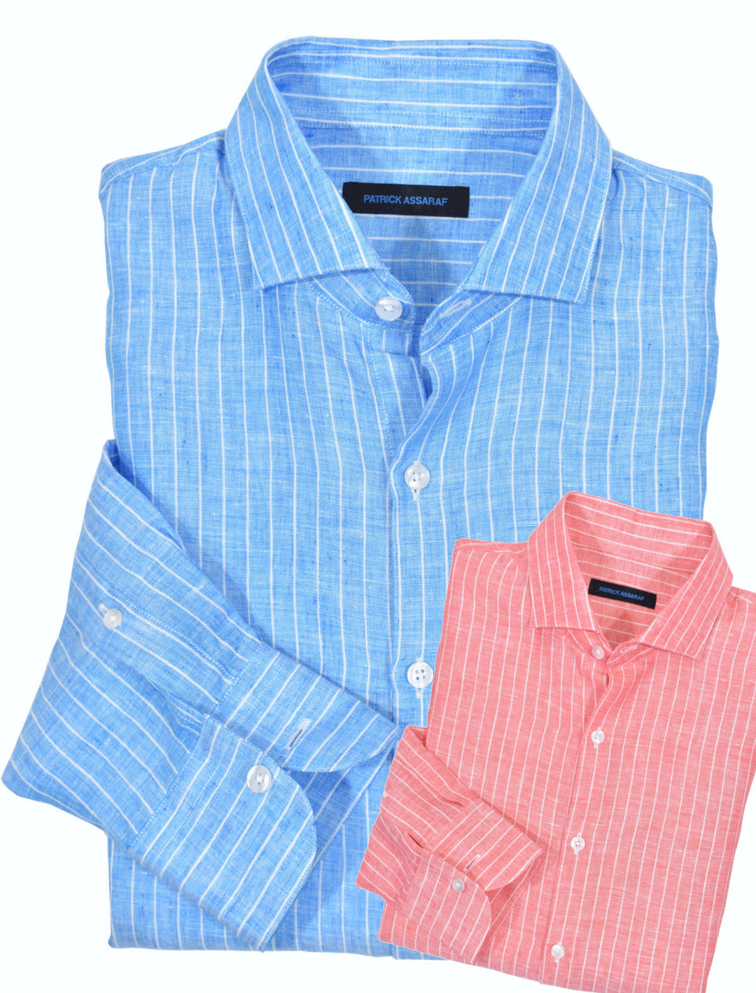 Enzyme washed, Italian designed, soft and light weight linen fabric with a classic fine stripe. Create a sophisticated image with these shirts and a lightweight casual pant.  Soft washed and a medium spread collar that has light fusing for a softer casual effect.  Classic shaped fit.   Colors: Blue, Coral