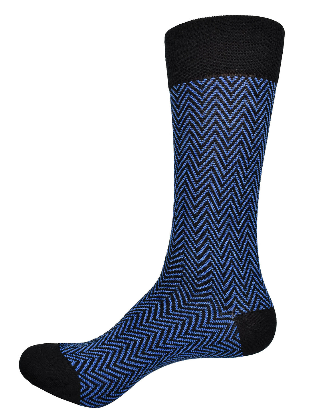 The rich combination of black and navy or royal blue in a timeless chevron type pattern.  Soft mercerized cotton. Classic timeless pattern. Mid calf height. Fits sizes 9 - 12.  Sock by Marcello Sport