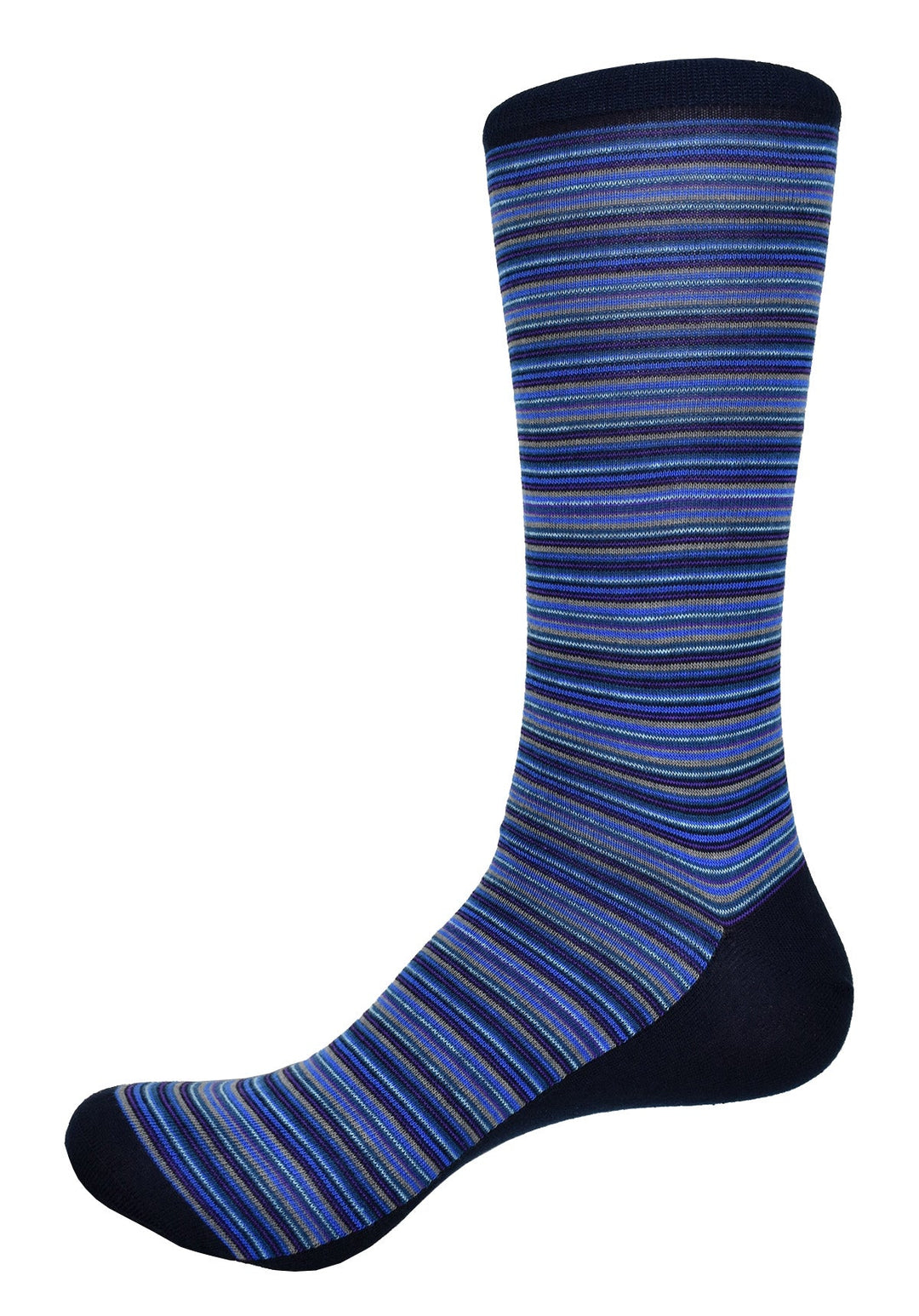 Timeless array of fine blue toned stripes works perfectly with jeans or pants. Soft mercerized cotton. Classic timeless pattern. Mid calf height. Fits sizes 9 - 12. Sock by Marcello Sport