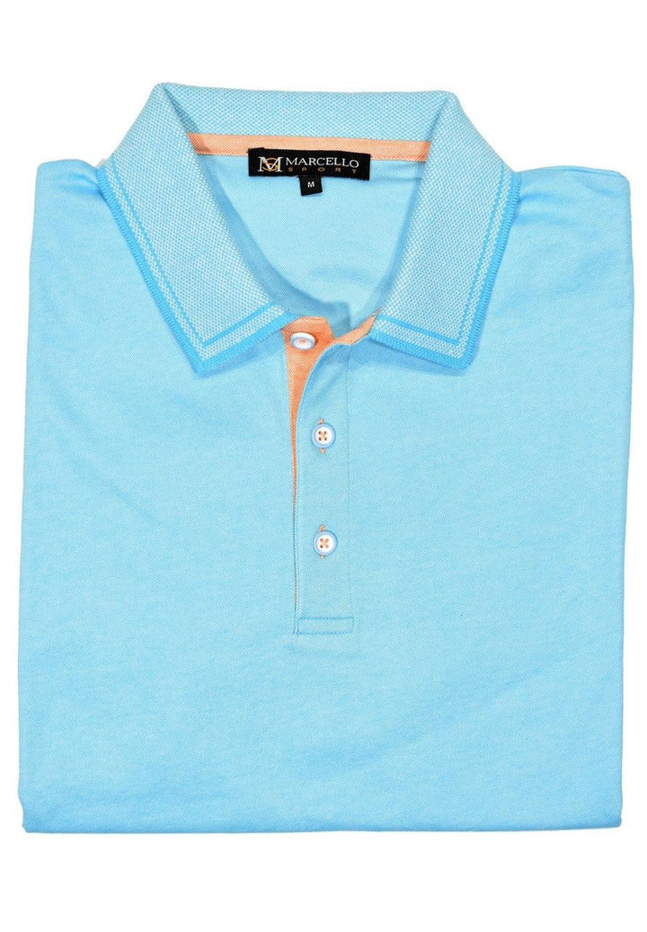 The Marcello classic cotton lycra polo with neat detailing is perfect for a relaxed lifestyle or even for your business casual environment.  Custom trim details and buttons finish the look.  Modern fit.  Cotton Stretch Polo by Marcello Sport.