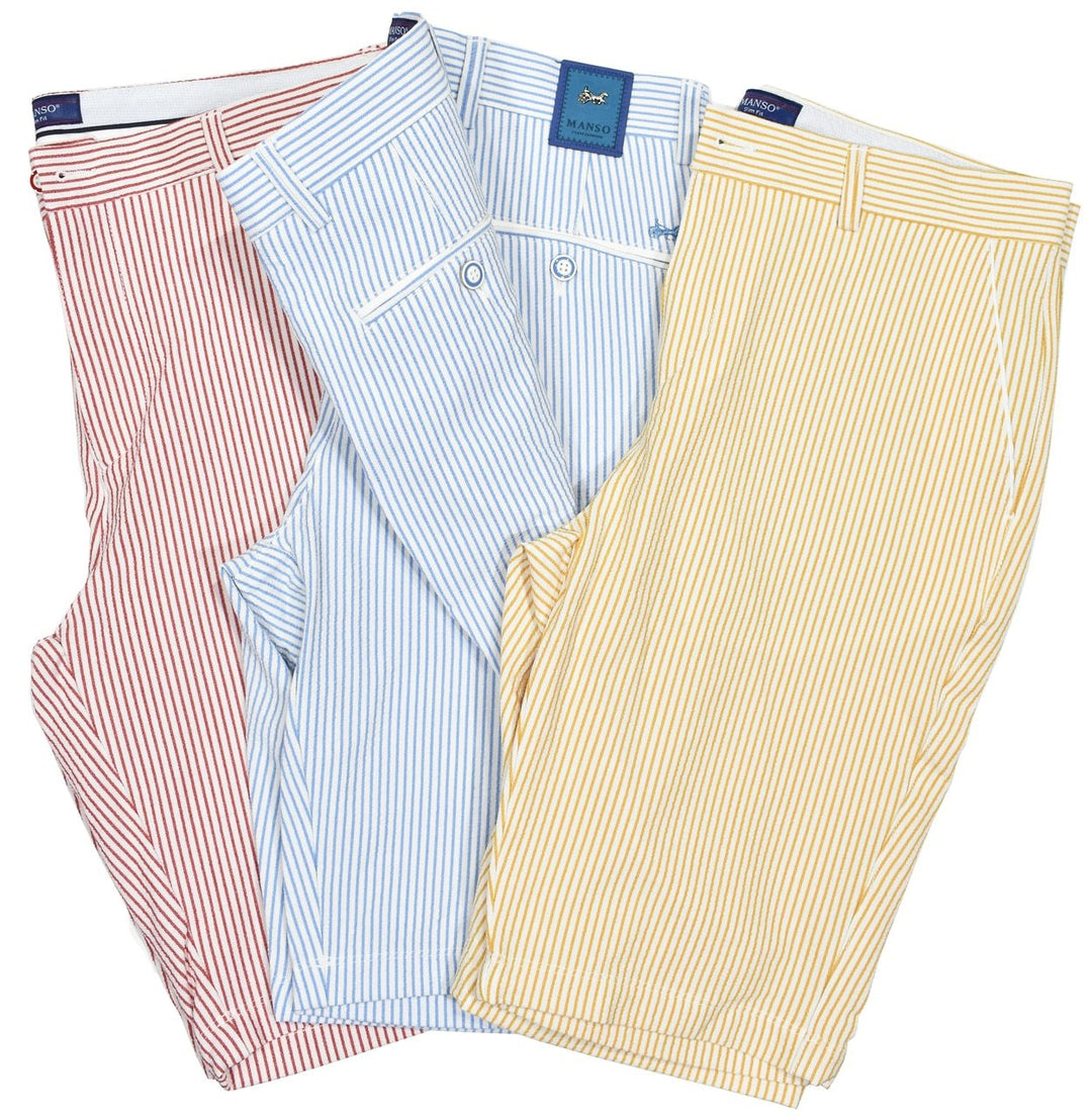 The finest seersucker short you'll own.  Extra soft and a longer slimmer silhouette.  European fit we suggest ordering one size larger if between sizes.  Colors: Blue, Gold, Red
