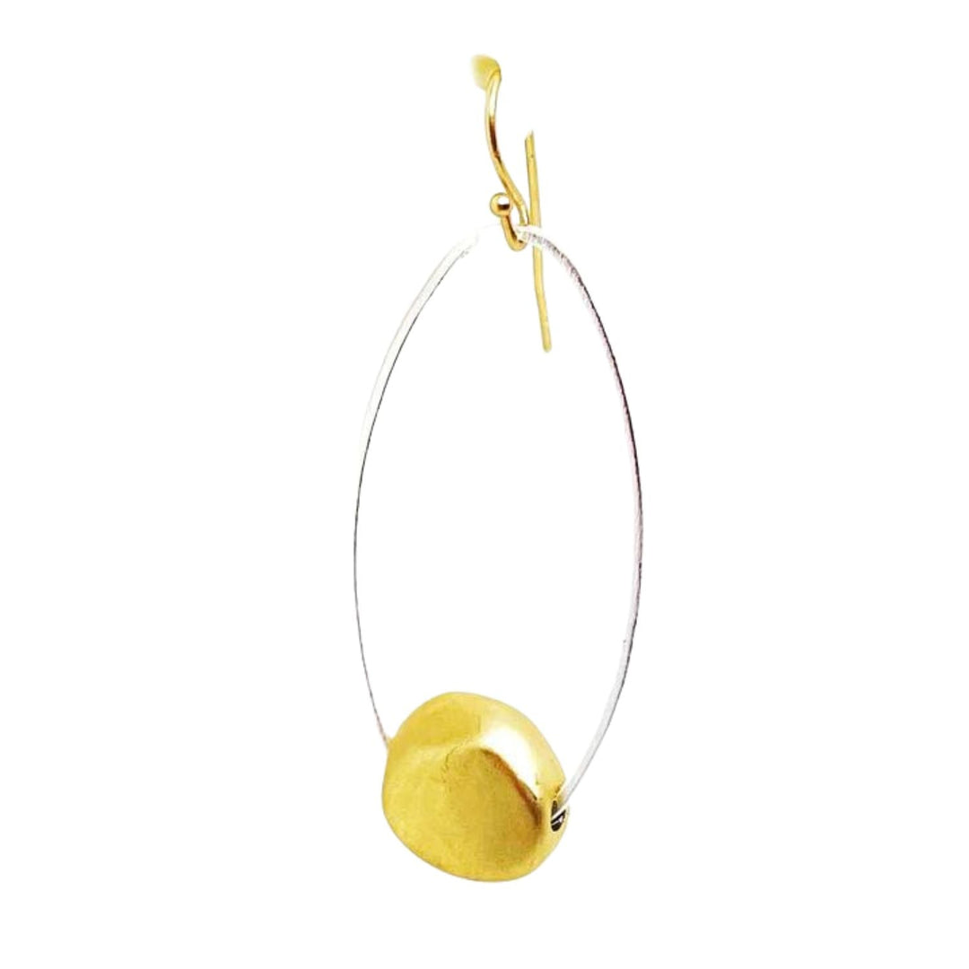 Two Tone Silver With Matte Gold Nugget Inset Oval Hoop Earrings