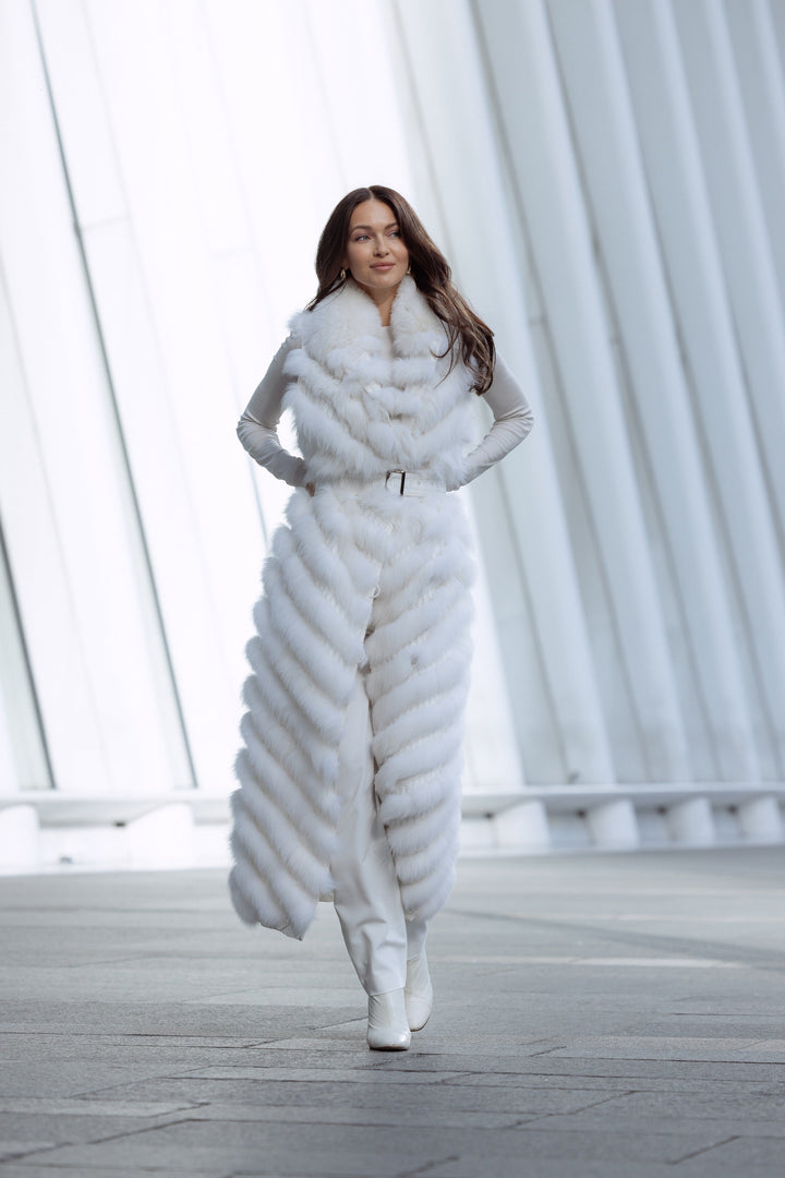 Silk Reversible Long Fur Vest in Arctic White