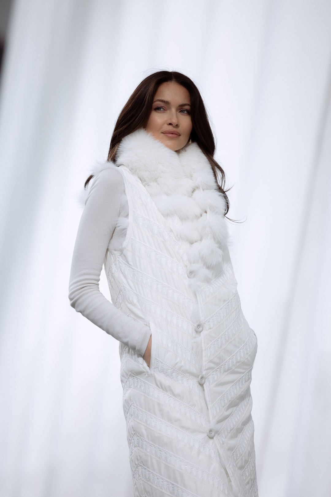 Silk Reversible Long Fur Vest in Arctic White