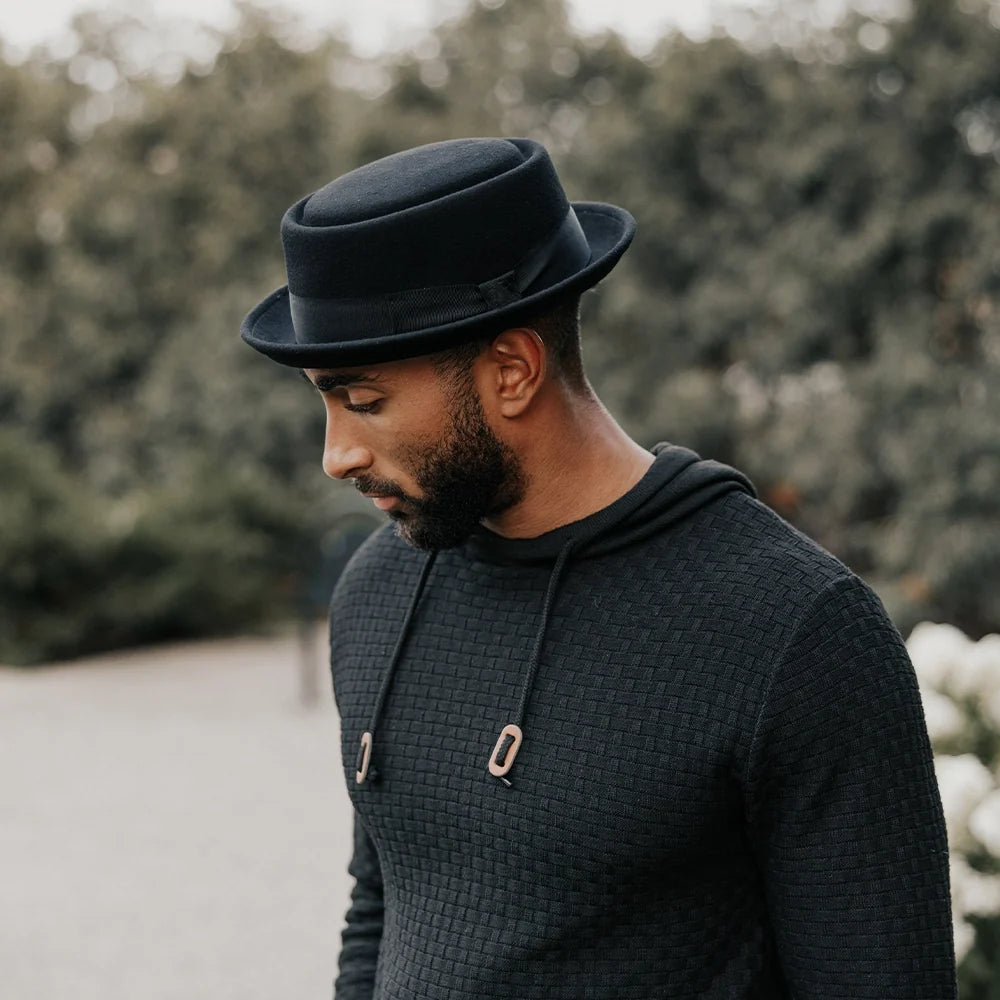 Chi-Town black felt pork pie hat, front view
