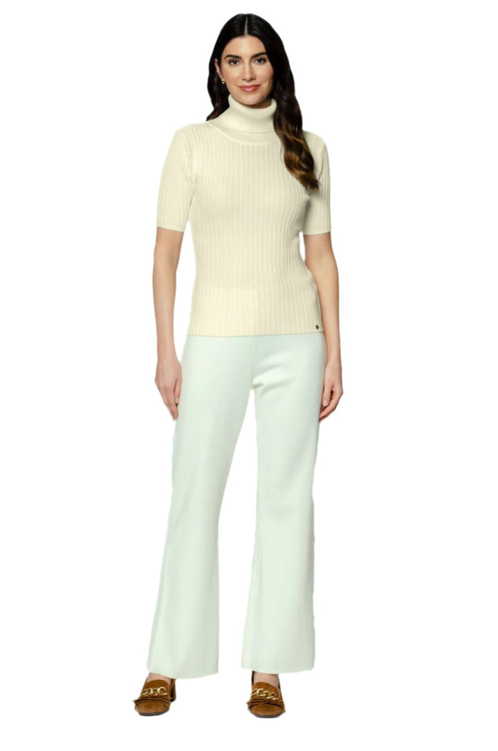 Tory Short Sleeved Rib-Knit Turtleneck, Beige Melange