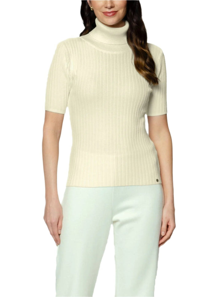 Tory Short Sleeved Rib-Knit Turtleneck, Beige Melange
