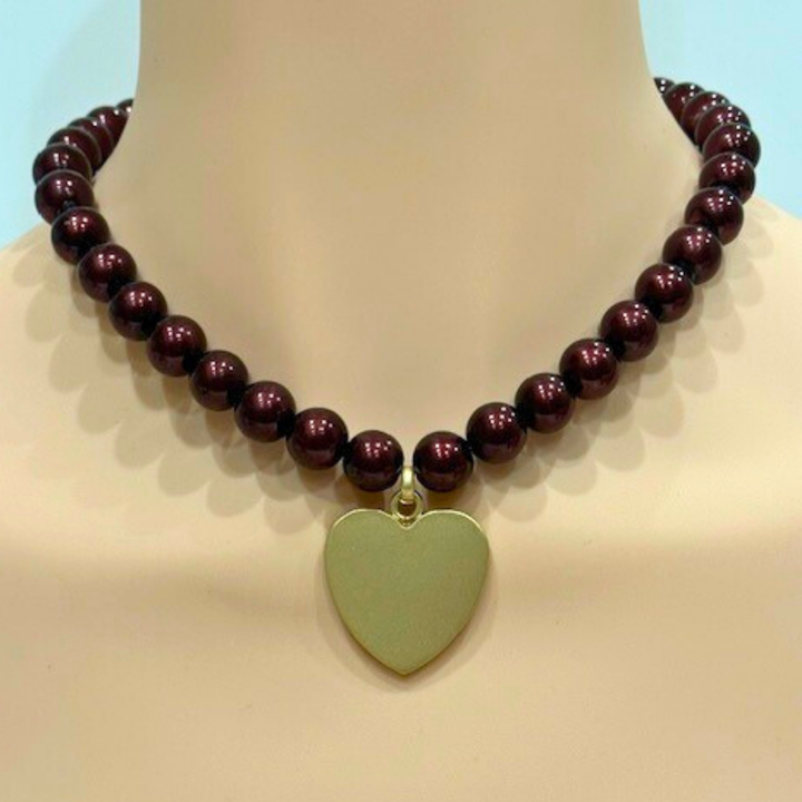 Burgundy 12MM Pearls With Medium Matte Gold Heart Pendant