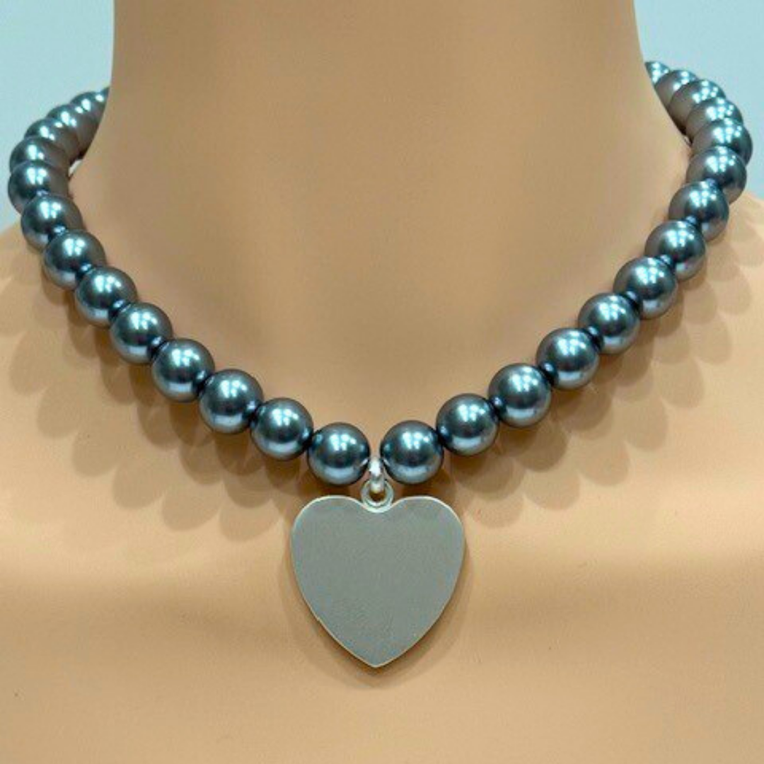 Grey Pearl Necklace With Matte Silver Heart