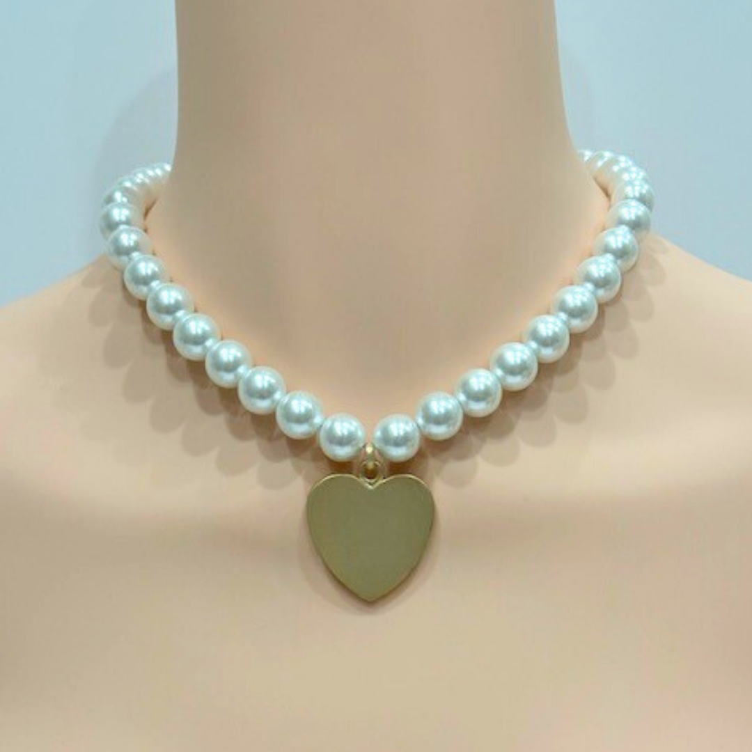 White 14MM Pearls With Large Matte Gold Heart Pendant