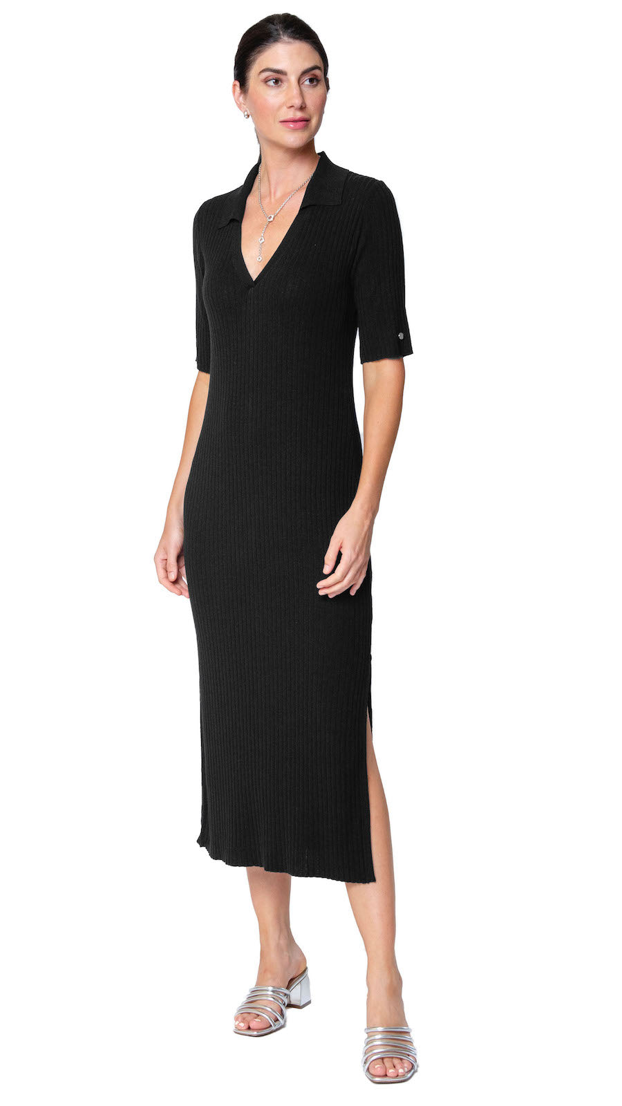 Gillian Rib Knit Midi Polo Dress; Black