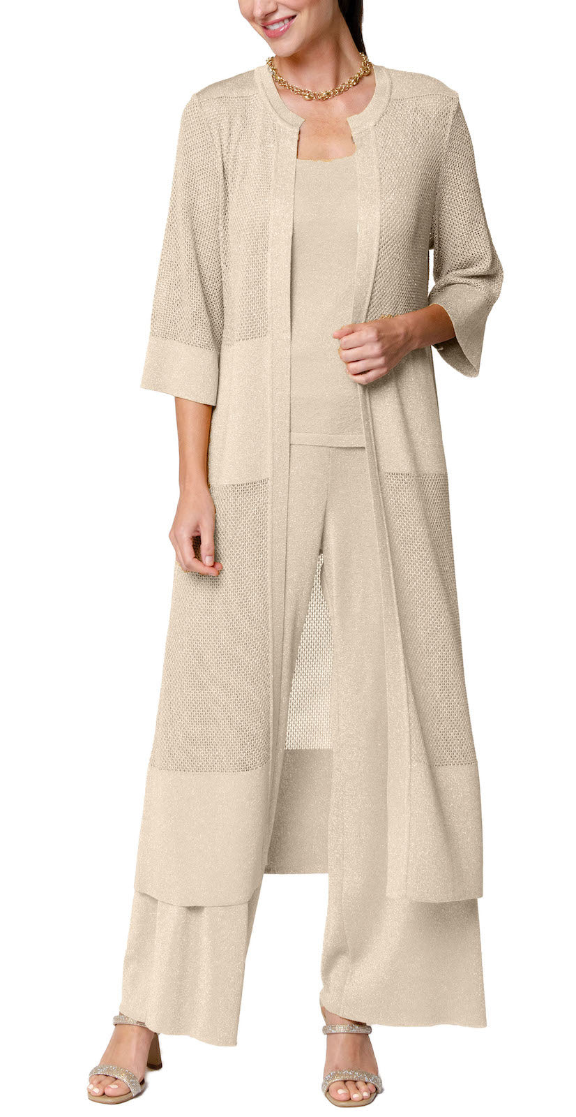 Arianna Shimmery Mesh-Knit Duster / Coat ; Gold Beige β Morneault's ...