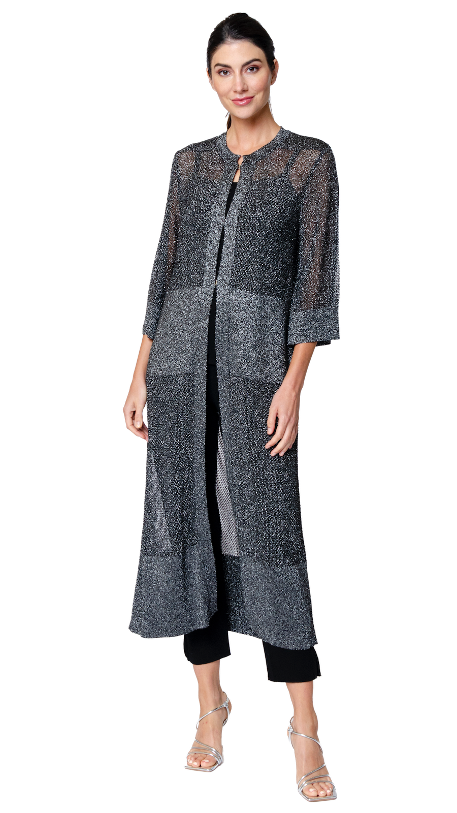 Arianna Shimmery Mesh-Knit Duster / Coat ; Silver Black