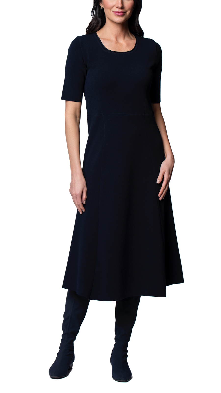Nora Milano Knit Short Sleeved Fit-And-Flare Midi Dress; Dark Navy S Nora Milano Knit Short Sleeved Fit-And-Flare Midi Dress; Dark Navy S