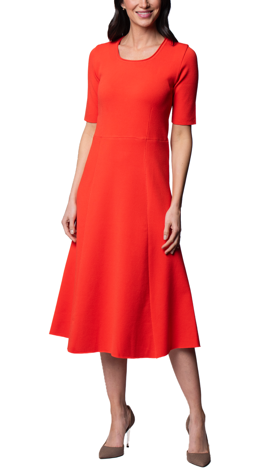 Nora Milano Knit Short Sleeved Fit-And-Flare Midi Dress; Bright Orange S Nora Milano Knit Short Sleeved Fit-And-Flare Midi Dress; Bright Orange S