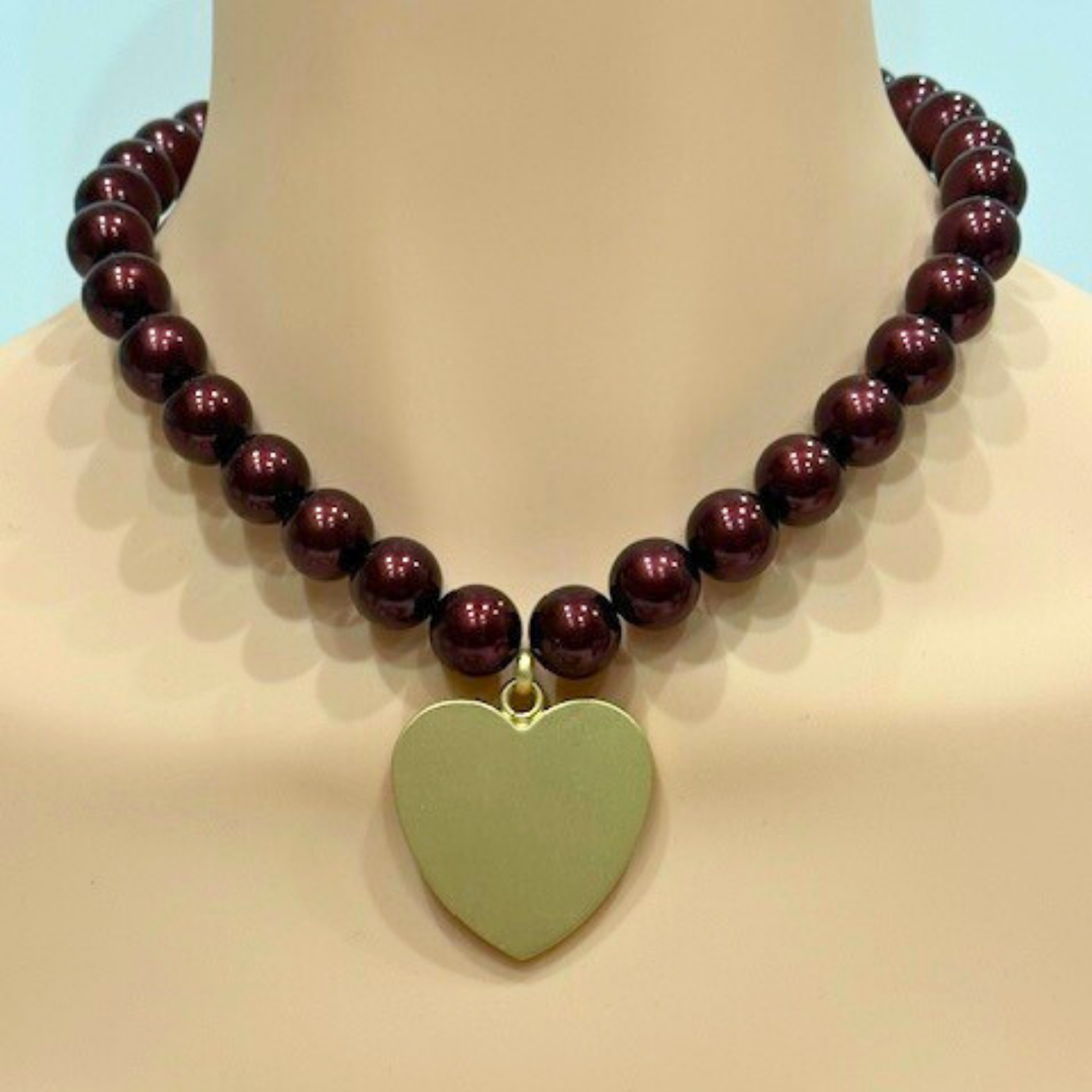Burgundy 14MM Pearls With Large Matte Gold Heart Pendant