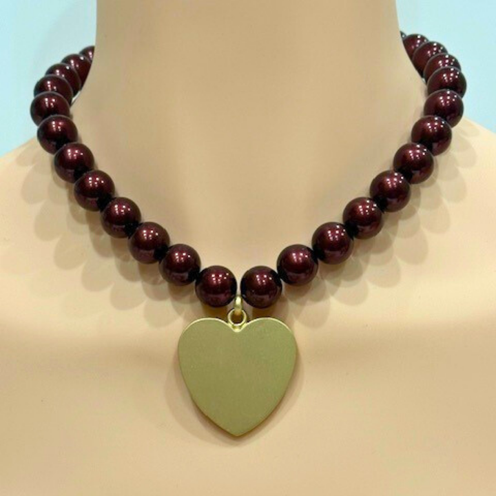 Burgundy 14MM Pearls With Large Matte Gold Heart Pendant