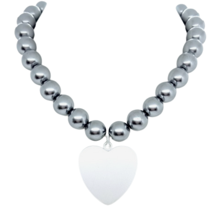 Grey 14MM Pearl Necklace With Large Matte Silver Heart Pendant