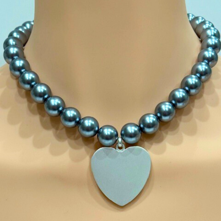 Grey 14MM Pearl Necklace With Large Matte Silver Heart Pendant