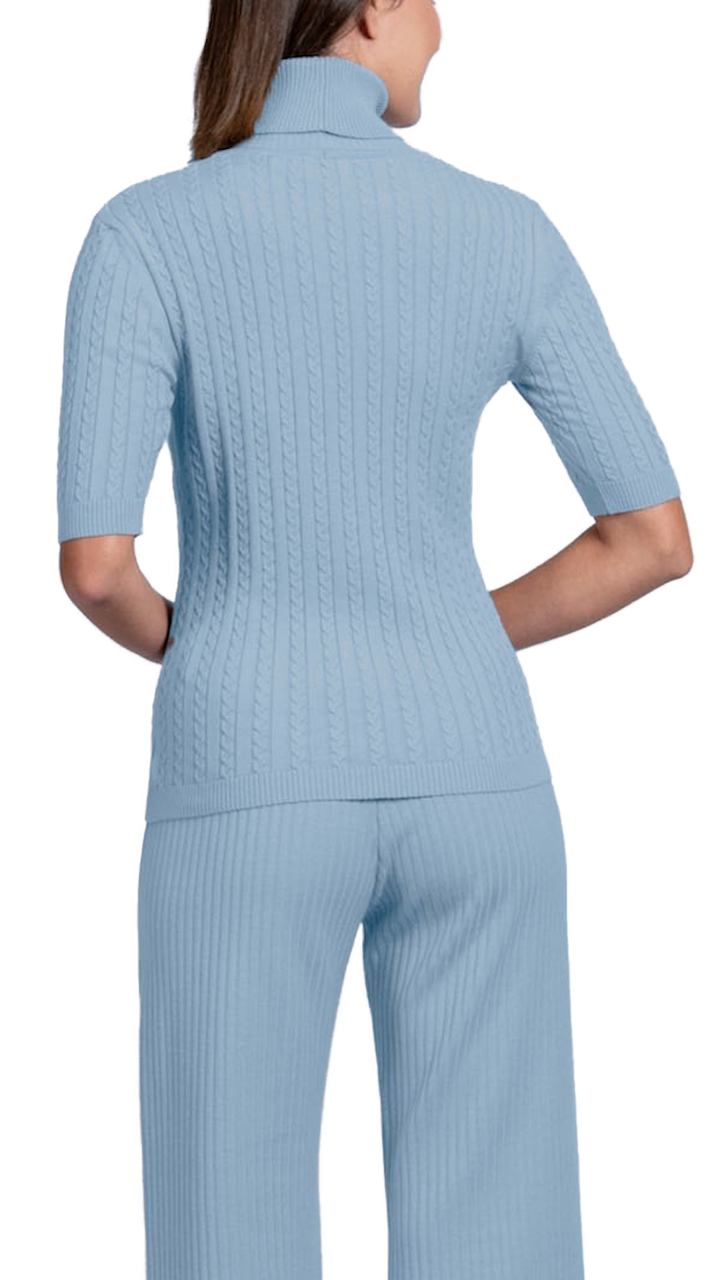 Sherri Short Sleeved Cable-Knit Turtleneck, Sky Blue