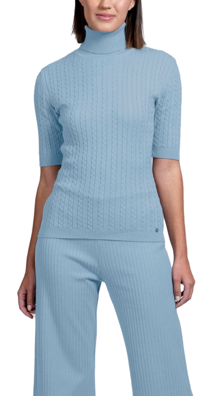 Sherri Short Sleeved Cable-Knit Turtleneck, Sky Blue