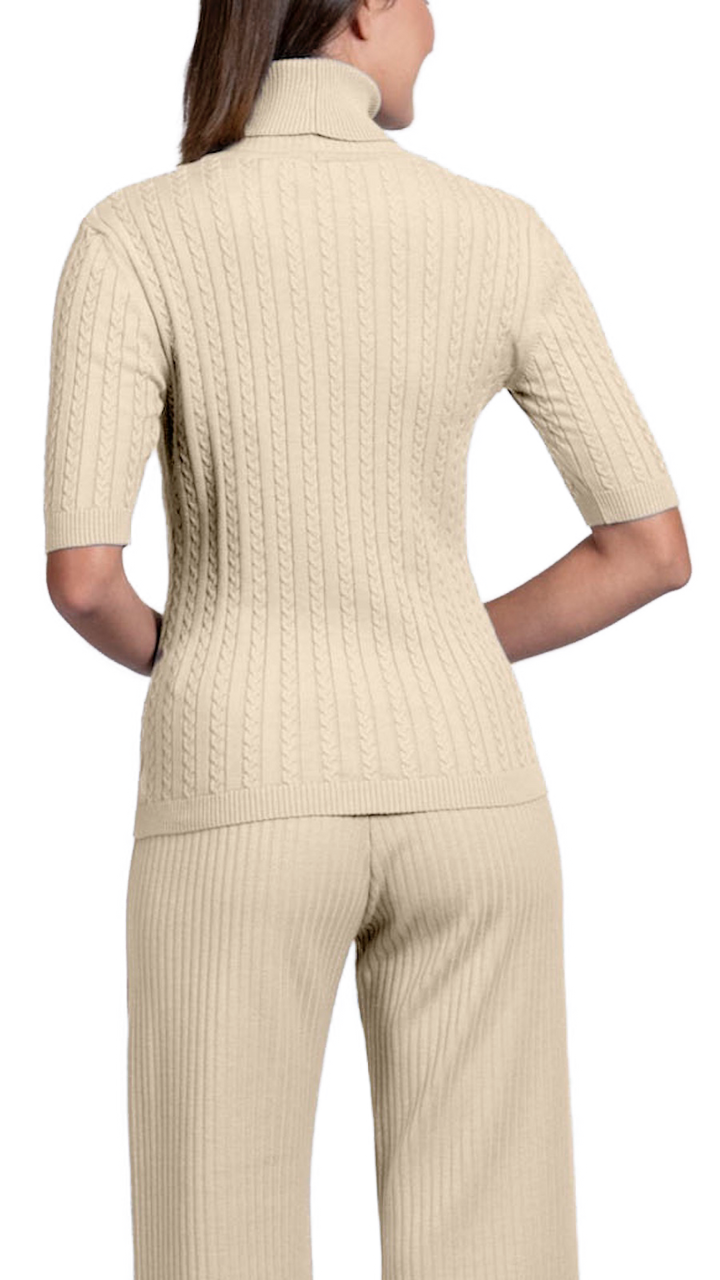 Sherri Short Sleeved Cable-Knit Turtleneck, Beige Melange