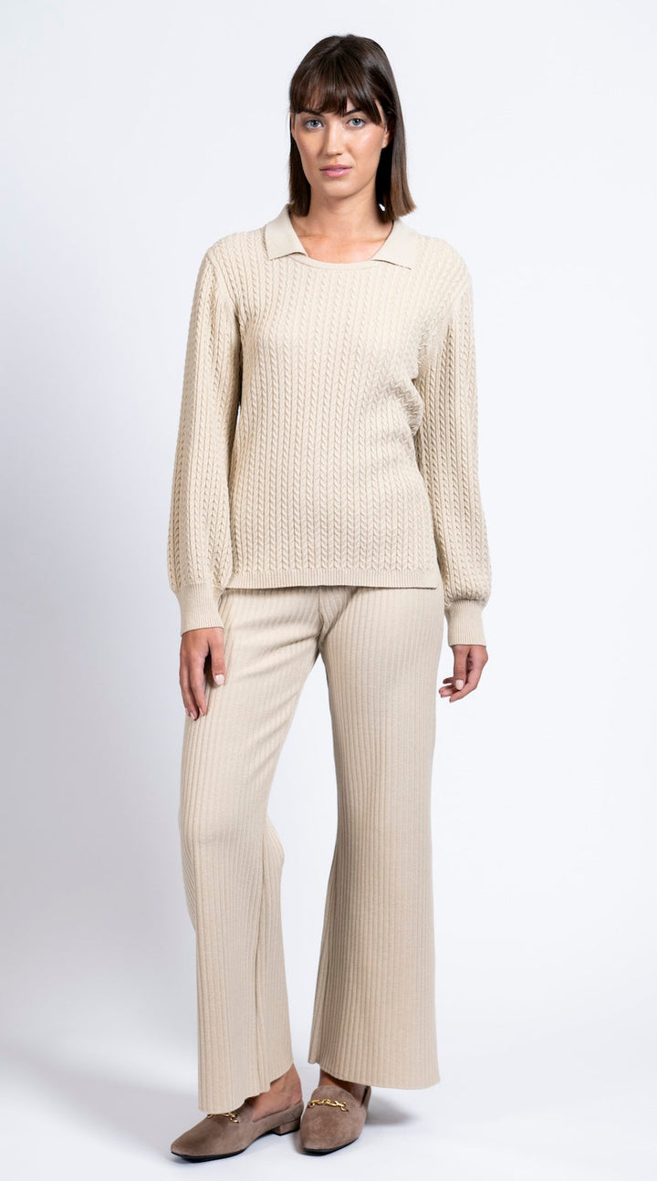 Camilla Rib-Knit Wide Leg Pants; Beige Melange