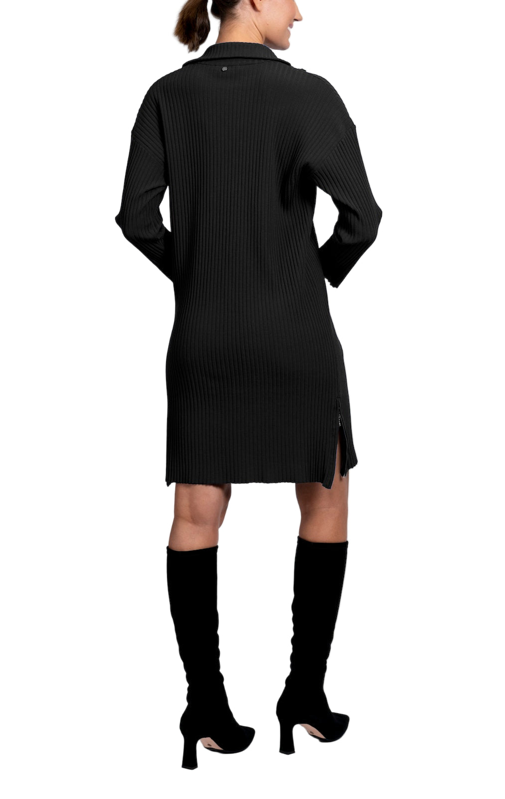 Sandy Vertical Rib-Knit Zip Up Mock Neck Sweater Dress; Black